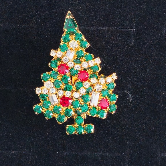 Eisenberg Ice Christmas Tree Pin Rhinestone Green Red Gold Tone‎ Brooch - Picture 15 of 16